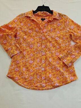 Paisley Orange Pink Cotton Button Down Shirt Cottagecore Spring Blouse Size Med